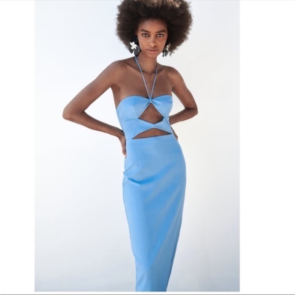 New Zara | Blue Midi Cut Out Dress - Picture 16 of 16